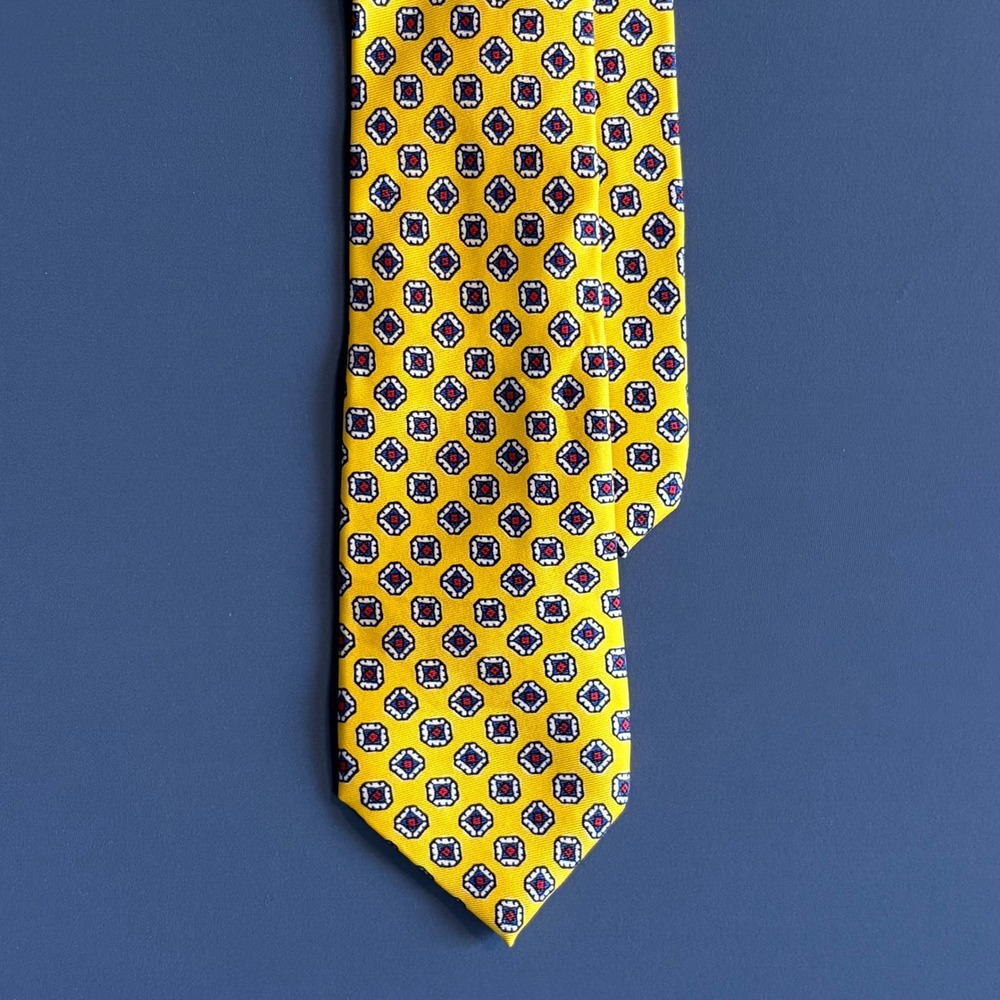 Polo Ralph Lauren Geometric Medallion Silk Tie | Yellow Navy | Handmade Italy